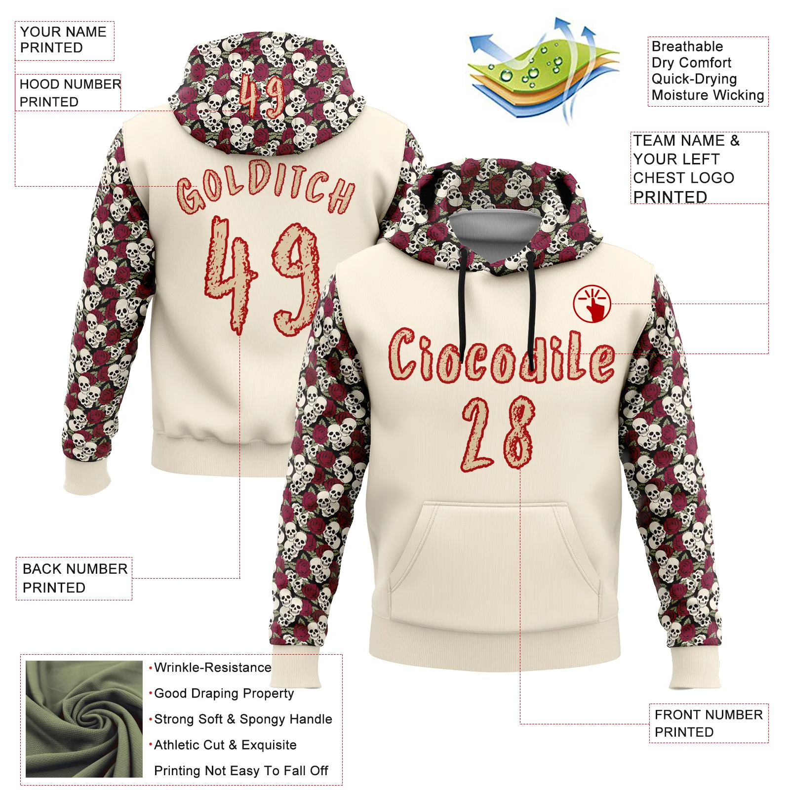 Custom City Cream Red 3D Skull Roses Floral Sports Pullover Sweatshirt Hoodie - Image 2