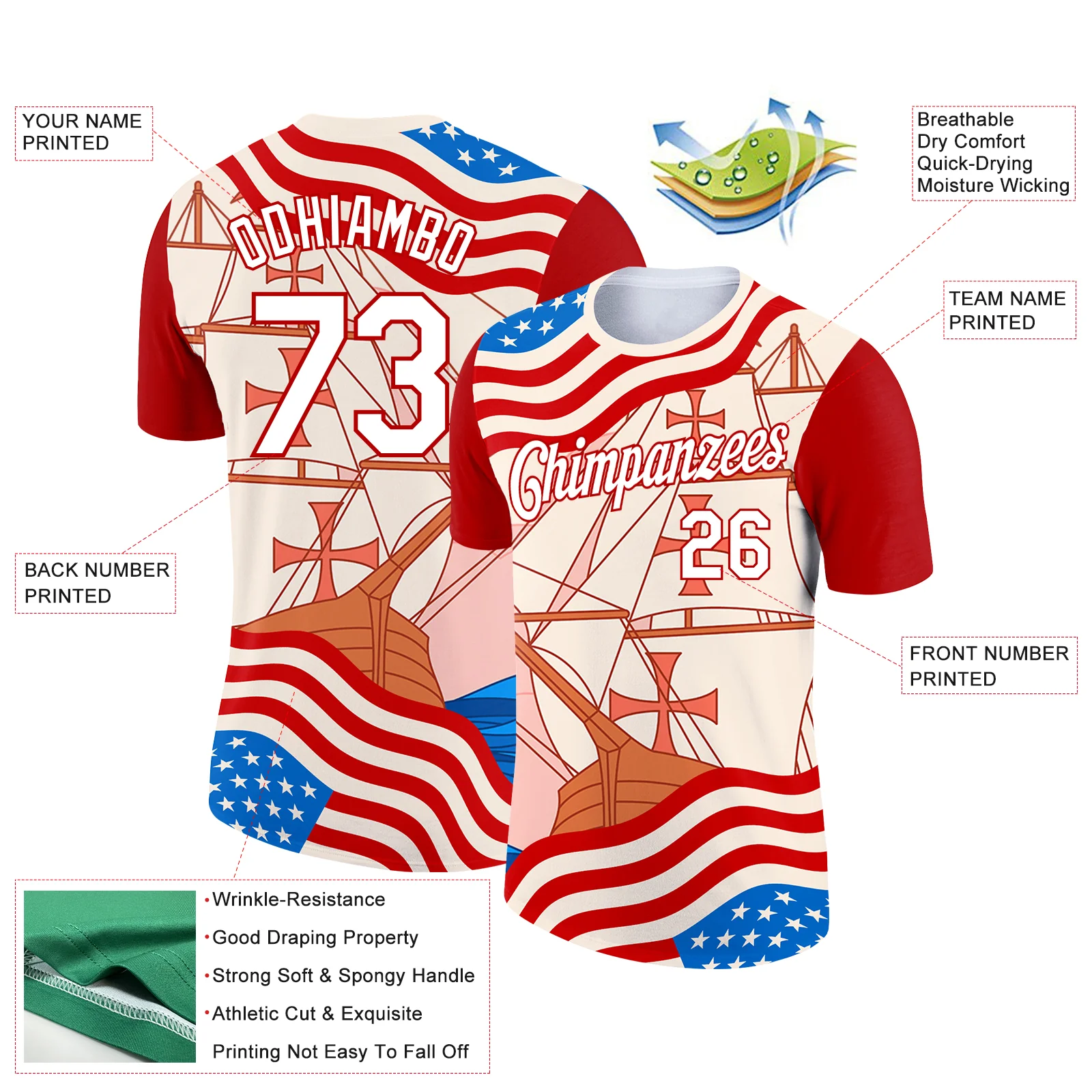 Custom City Cream White-Red 3D Pattern Design Sailing Ship Columbus Day American Flag Performance T-Shirt - Image 2