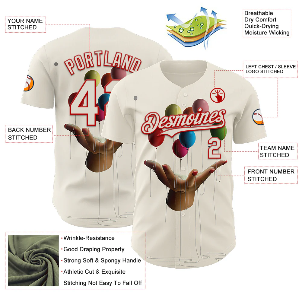 Custom Cream Red 3D Marcel Caram Allegory With Hand Authentic Baseball Jersey - Image 3