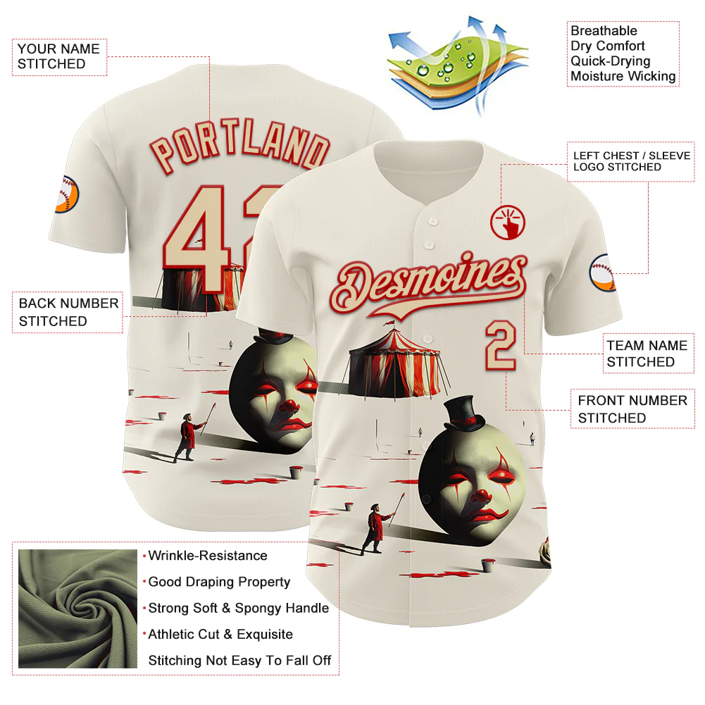 Custom Cream City Cream-Red 3D Marcel Caram The Clown Authentic Baseball Jersey - Image 3