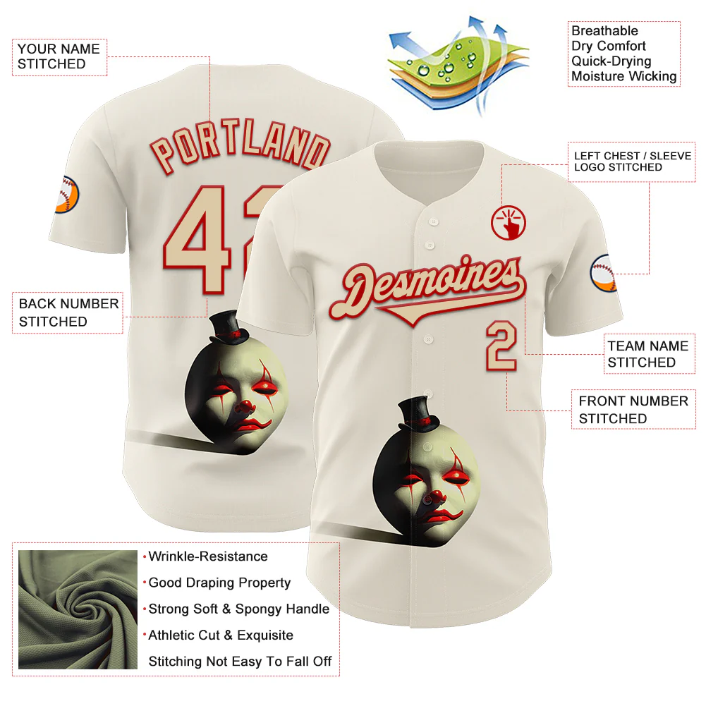 Custom Cream City Cream-Red 3D Marcel Caram The Clown Authentic Baseball Jersey - Image 3