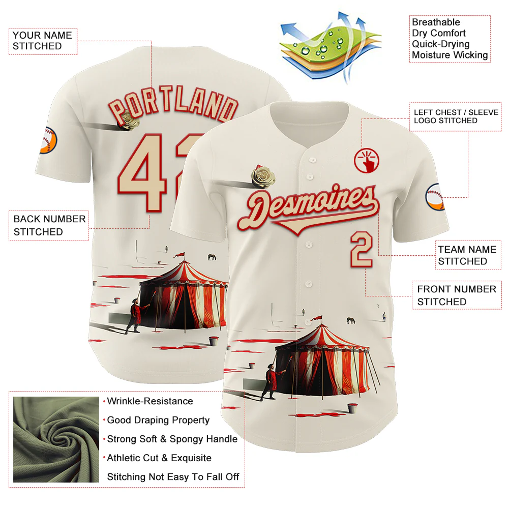 Custom Cream City Cream-Red 3D Marcel Caram The Clown Authentic Baseball Jersey - Image 3