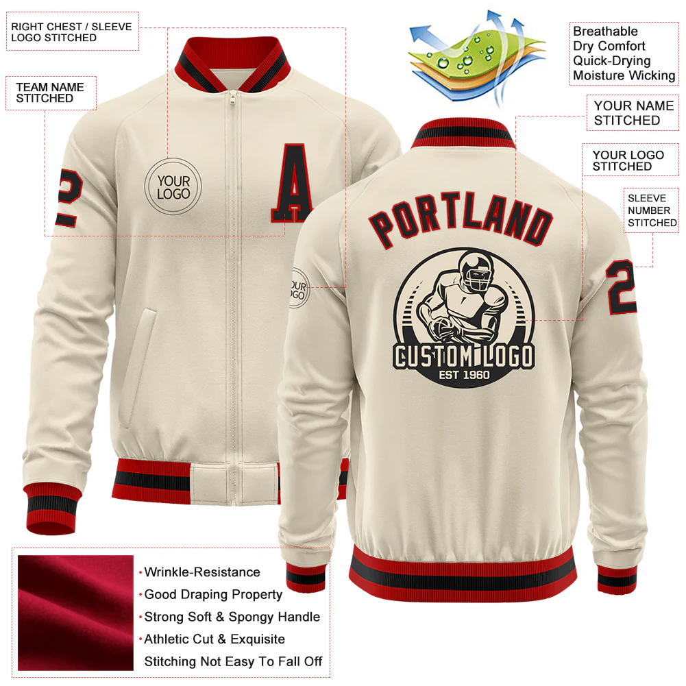 Custom Cream Black-Red Bomber Varsity Letterman Zipper Jacket - Image 4