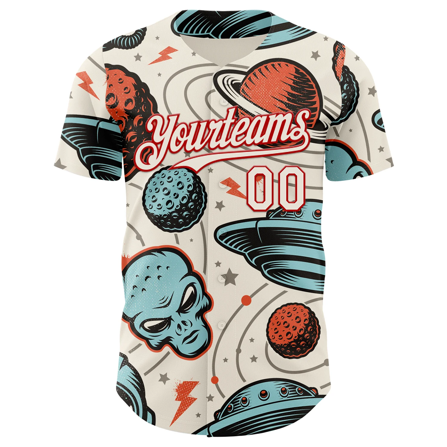 Custom Cream Red Alien UFO Space Authentic Baseball Jersey - Image 2