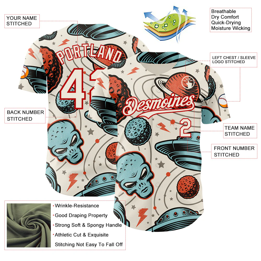 Custom Cream Red Alien UFO Space Authentic Baseball Jersey - Image 3