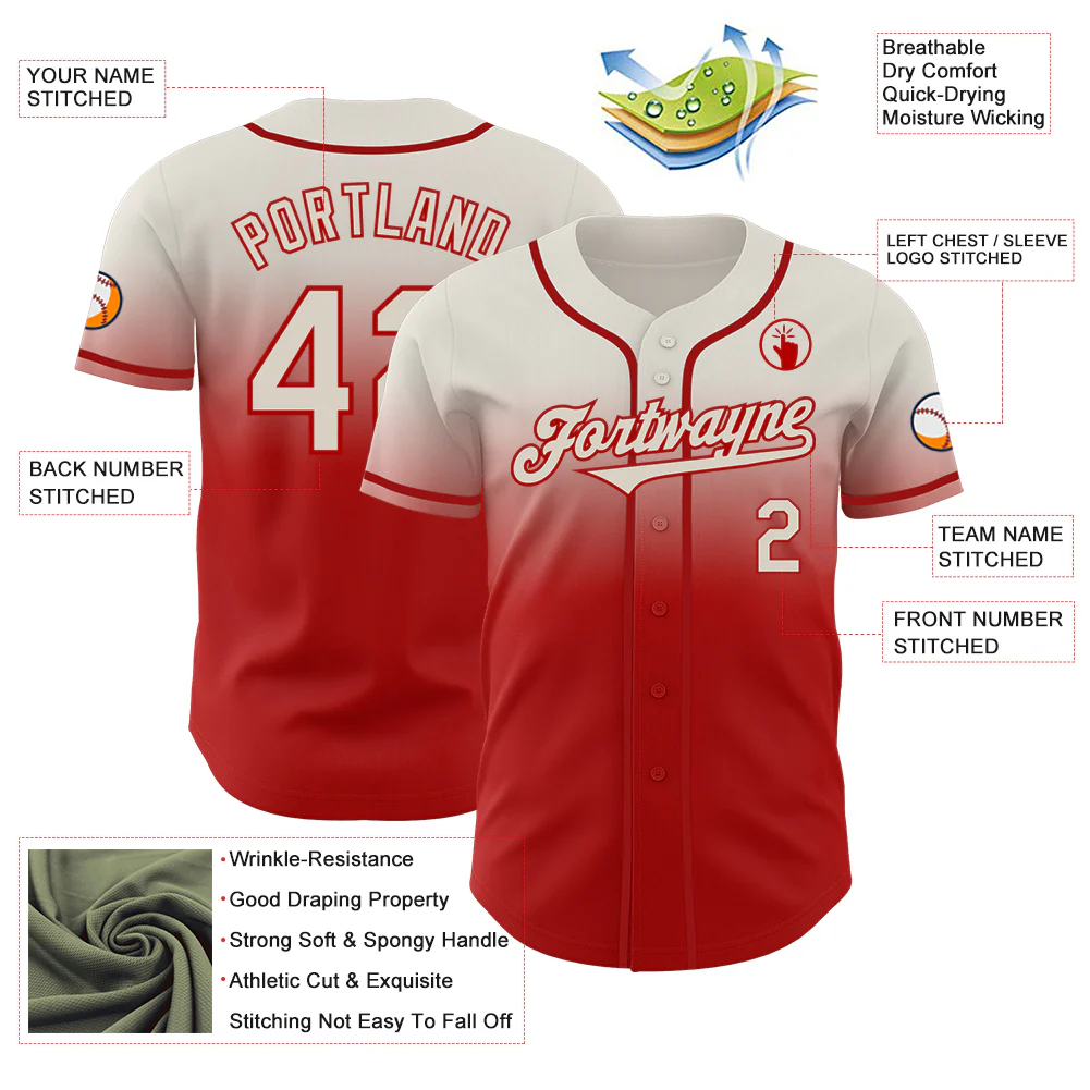 Custom Cream Red Authentic Fade Fashion Baseball Jersey - Image 3