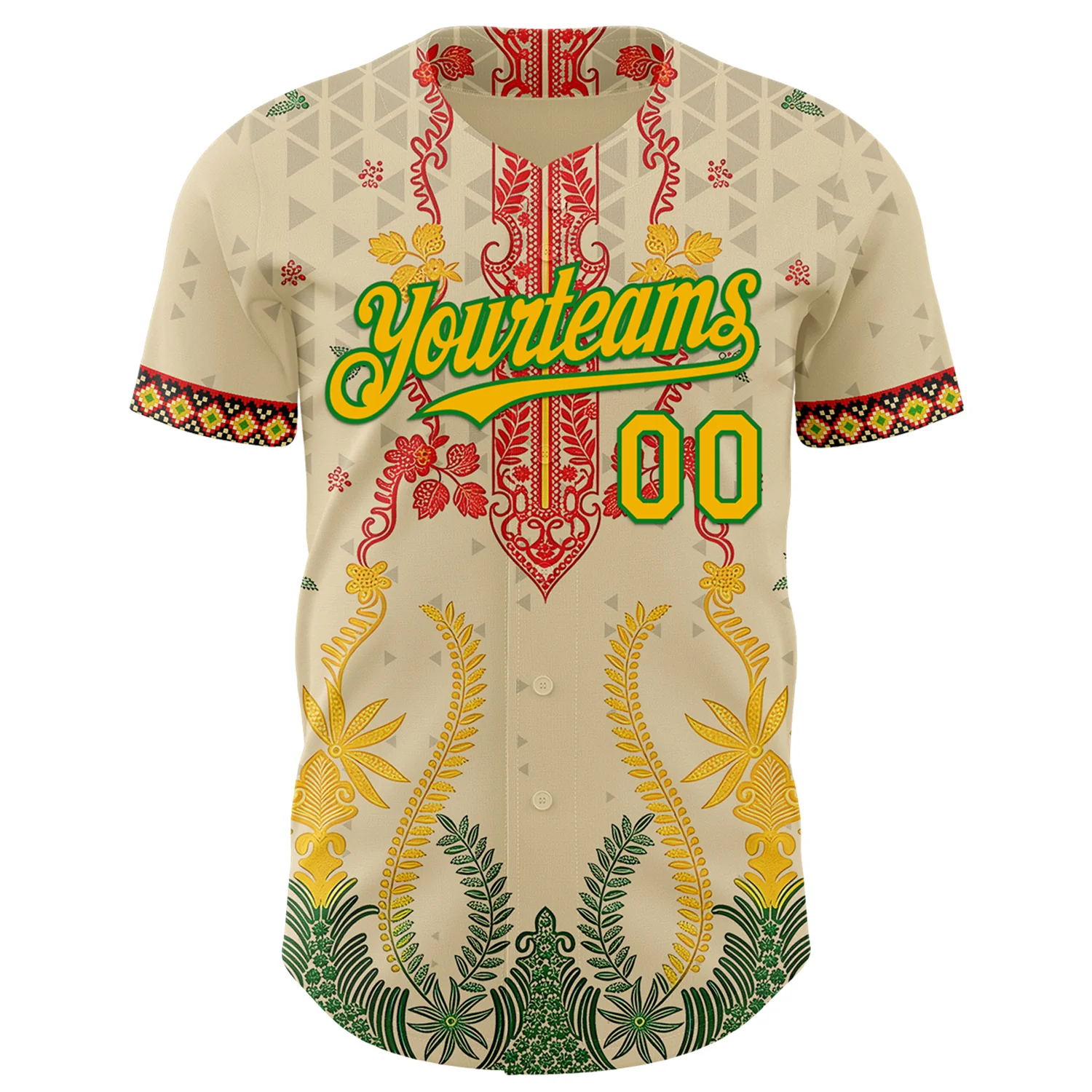 Custom Cream Gold Red-Grass Green Black History Month Africa Tribal Authentic Baseball Jersey - Image 2