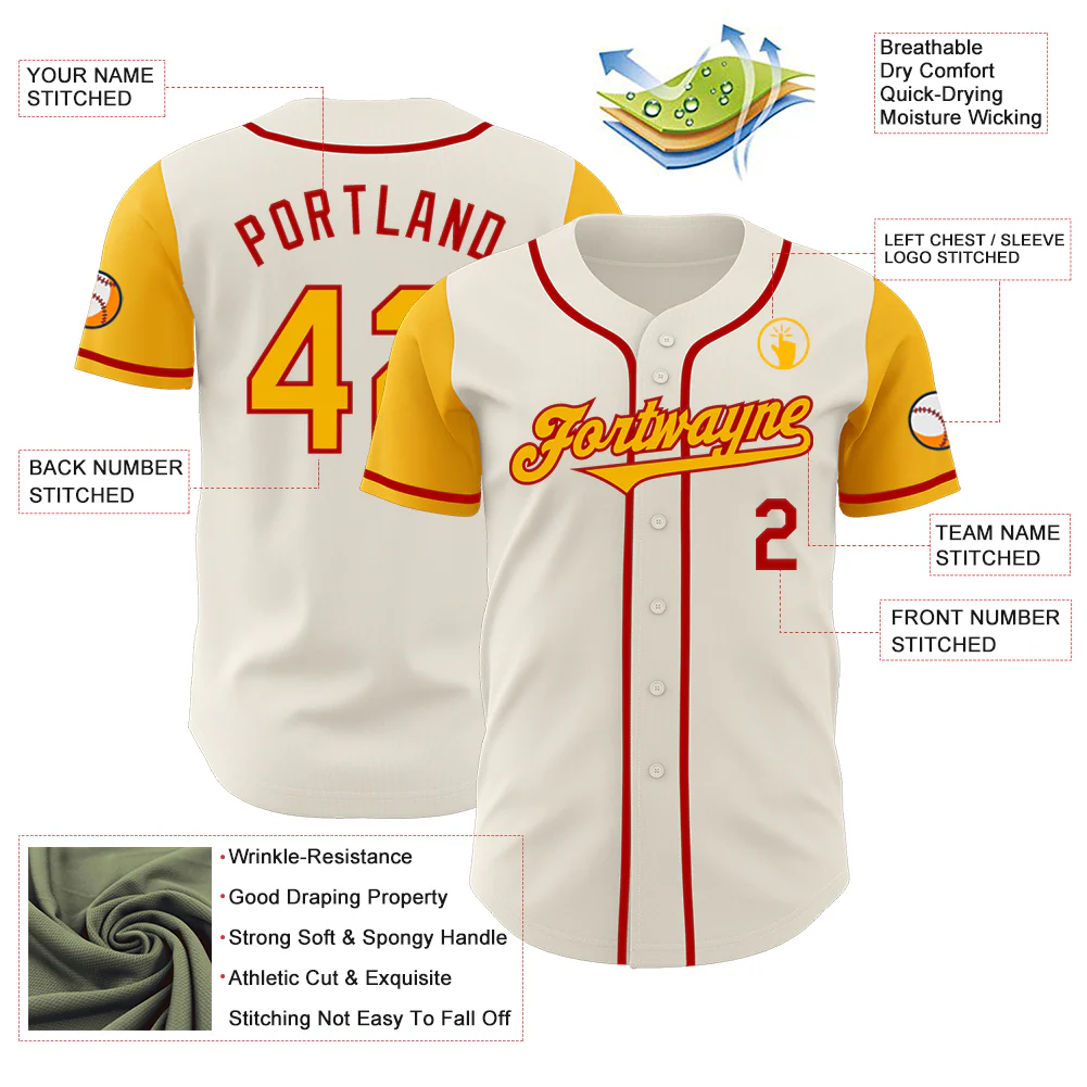 Custom Cream Gold-Red Authentic Two Tone Baseball Jersey - Image 3