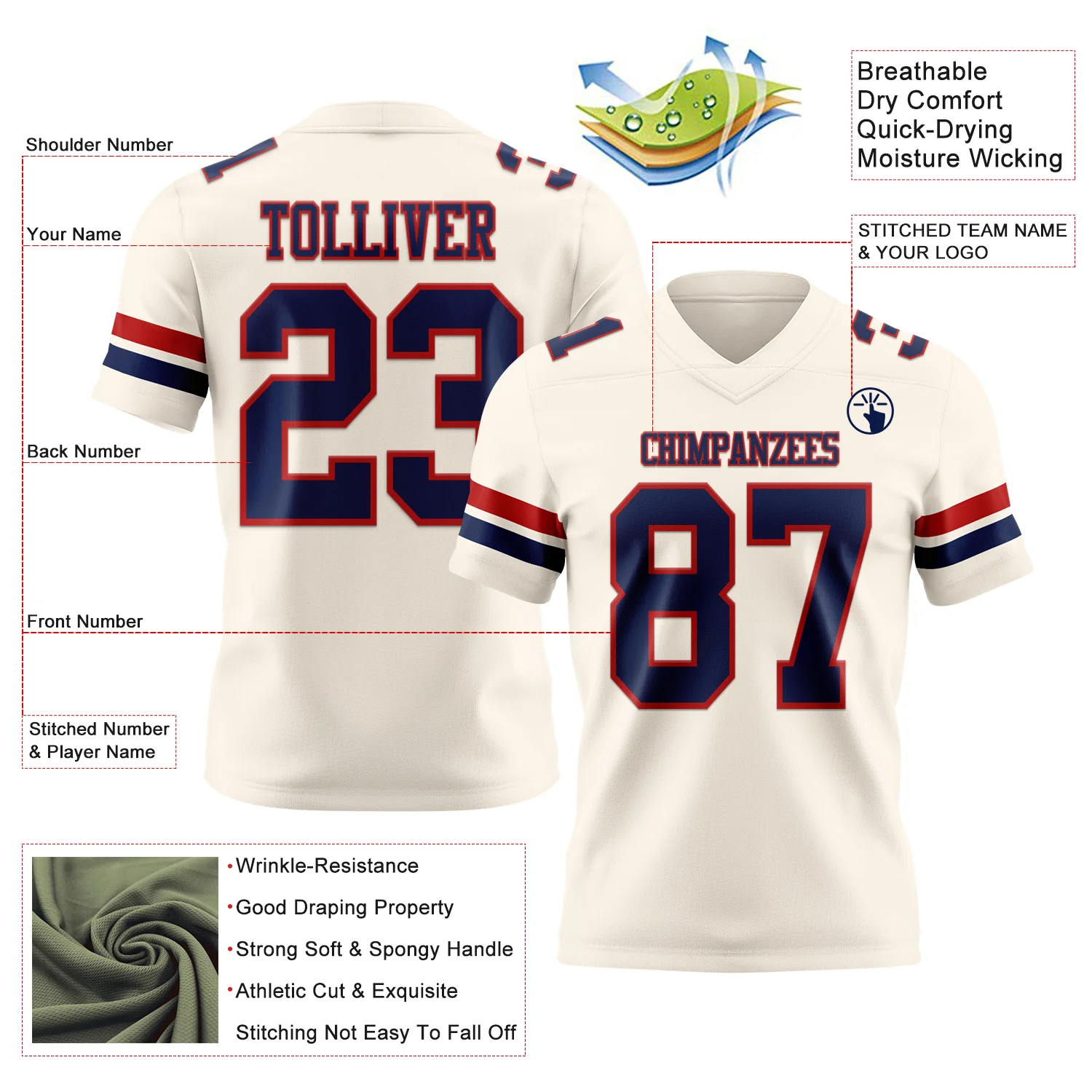 Custom Cream Navy-Red Authentic Football Jersey - Image 3