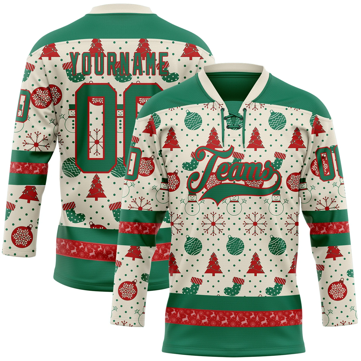Custom Cream Kelly Green-Red 3D Christmas Hockey Lace Neck Jersey