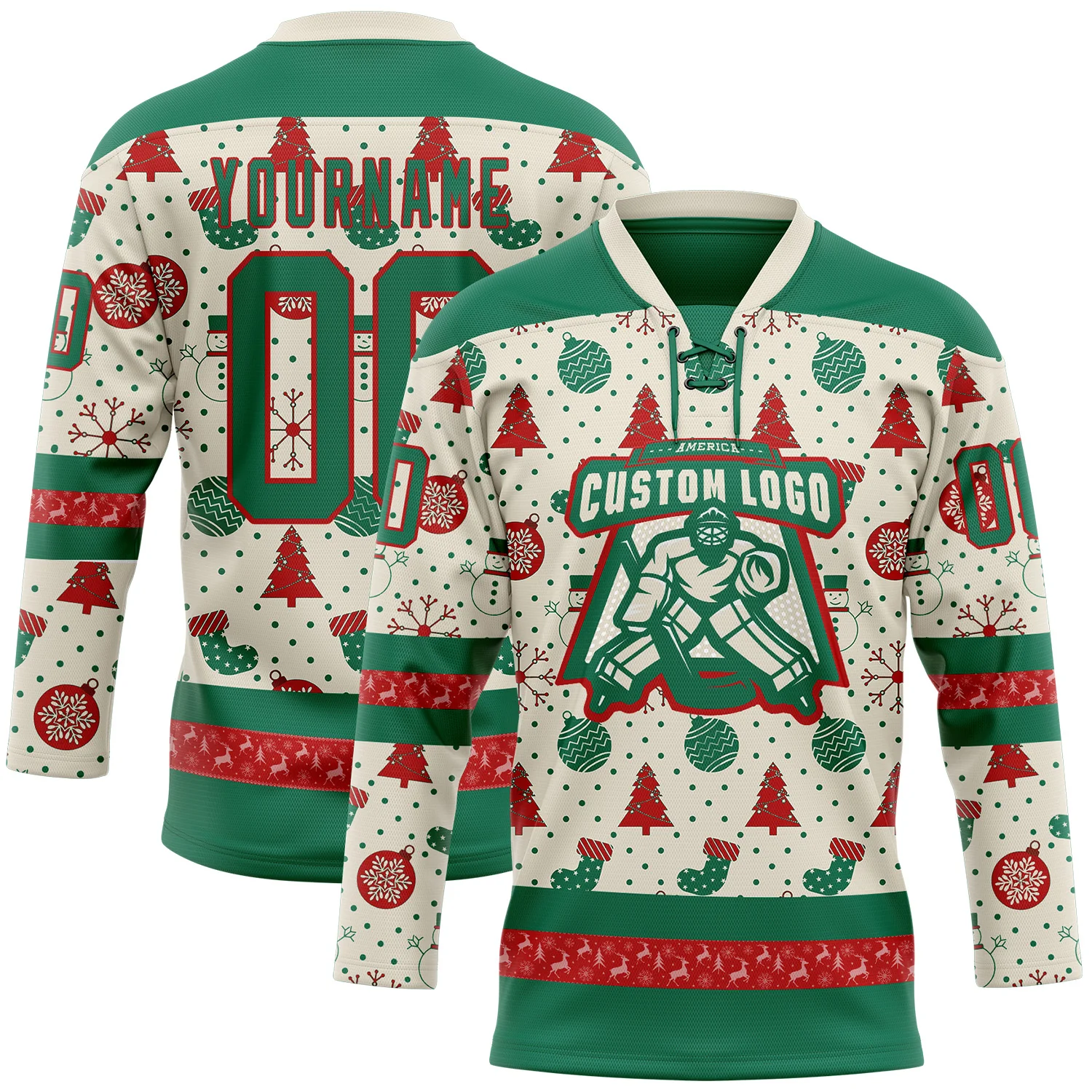 Custom Cream Kelly Green-Red 3D Christmas Hockey Lace Neck Jersey - Image 2