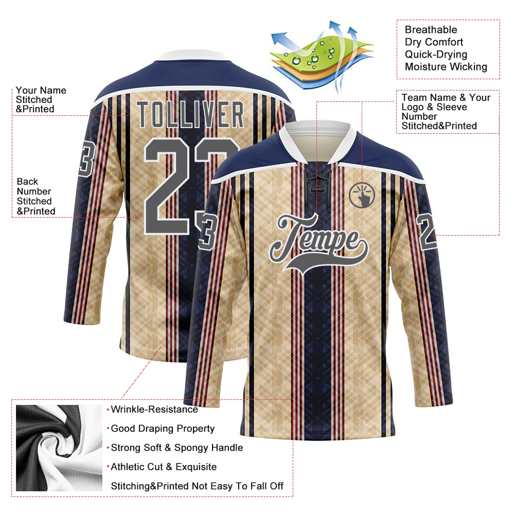 Custom Cream Steel Gray Red Navy-White Stripe Hockey Lace Neck Jersey - Image 5