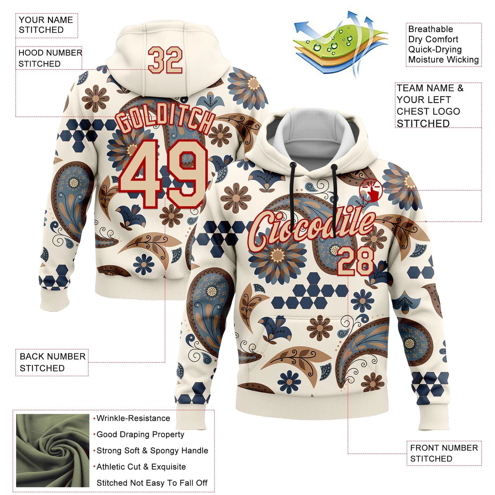 Custom Stitched Cream City Cream-Red 3D Pattern Design Ethnic Paisley Floral Bandana Sports Pullover Sweatshirt Hoodie - Image 2