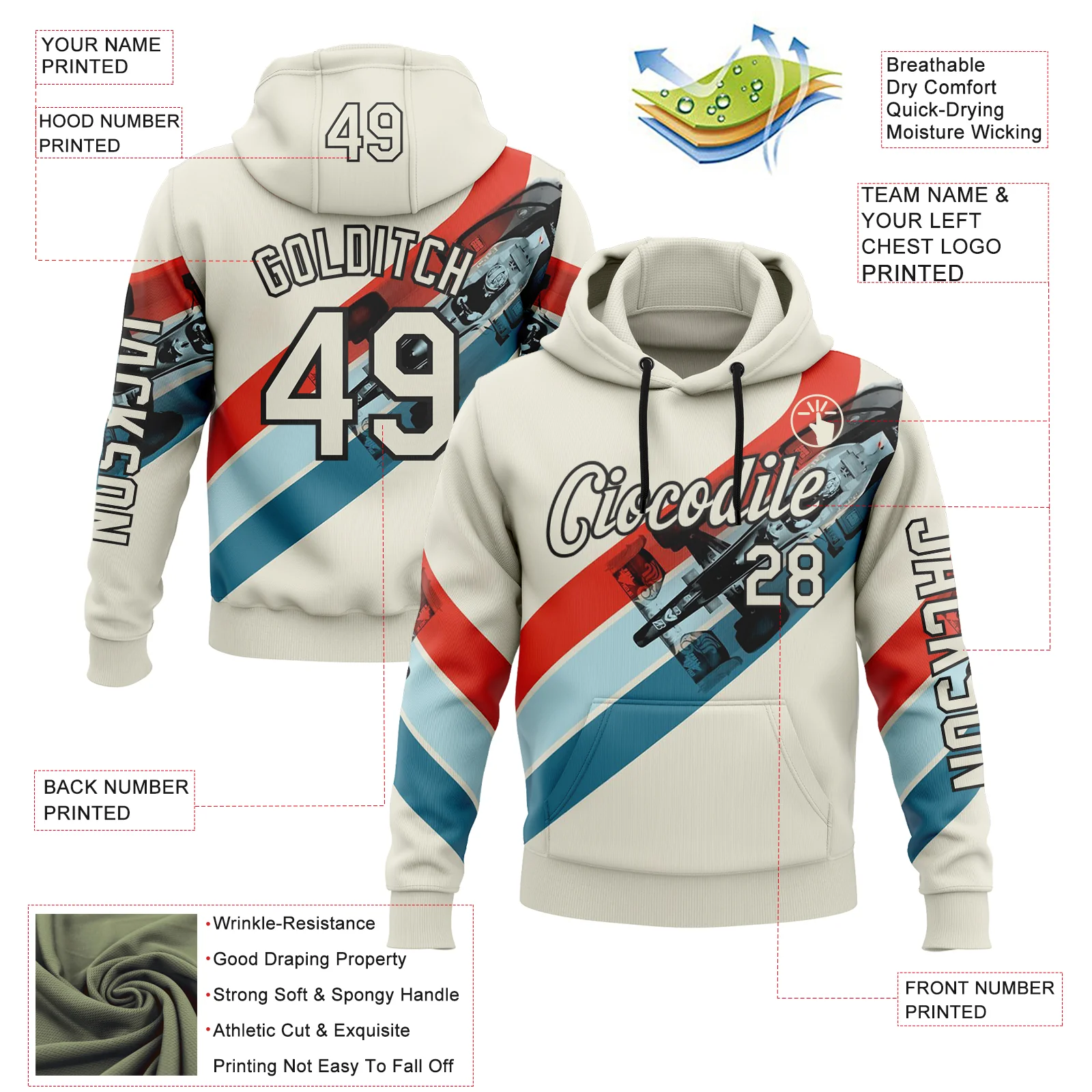Custom Cream Red Blue-Black 3D Pattern Design Formula Auto Car Racing Motorsport Sports Pullover Sweatshirt Hoodie - Image 2