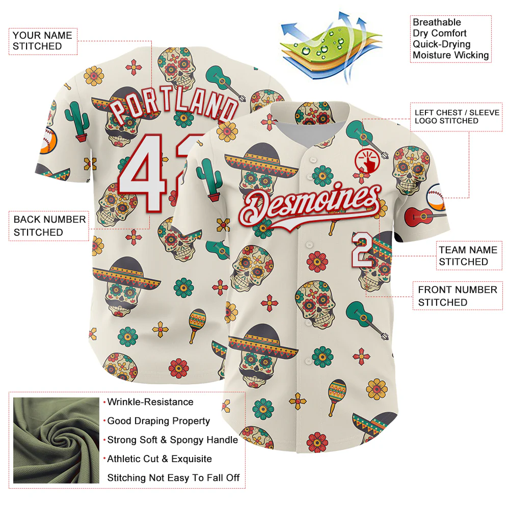 Custom Cream White-Red 3D Mexican Festival Cactus Skull With Sombrero Cinco de Mayo Authentic Baseball Jersey - Image 3