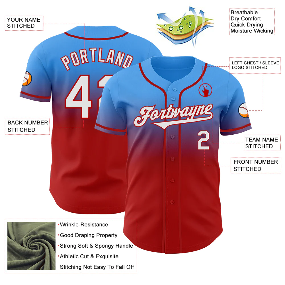 Custom Electric Blue White-Red Authentic Fade Fashion Baseball Jersey - Image 3