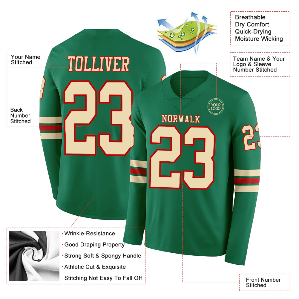 Custom Kelly Green Cream-Red Long Sleeve Authentic Football Jersey - Image 2