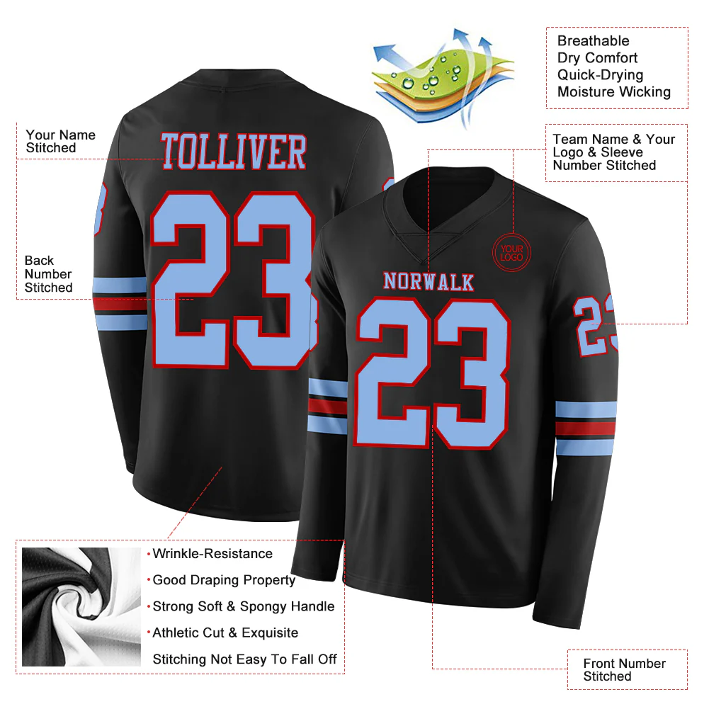 Custom Black Light Blue-Red Long Sleeve Authentic Football Jersey - Image 2