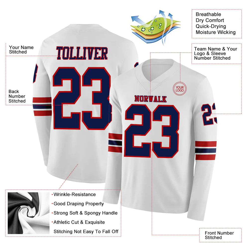 Custom White Navy-Red Long Sleeve Authentic Football Jersey - Image 2