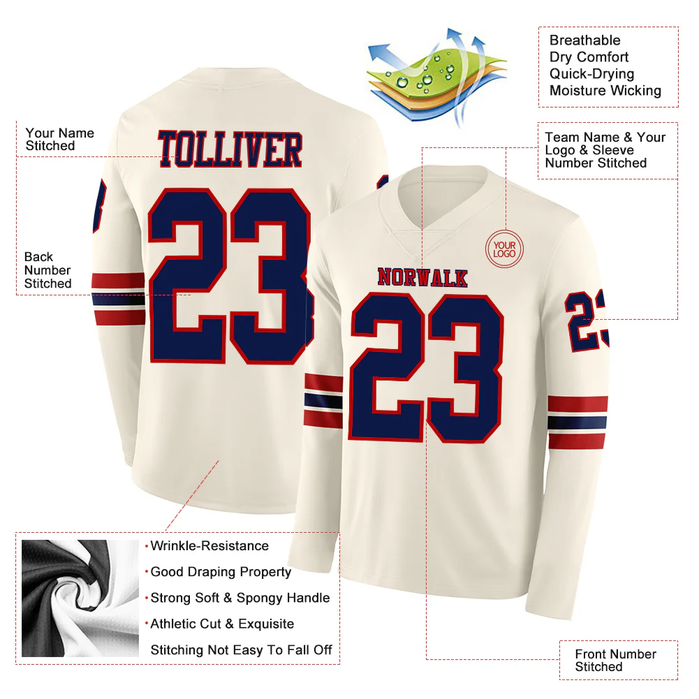 Custom Cream Navy-Red Long Sleeve Authentic Football Jersey - Image 2