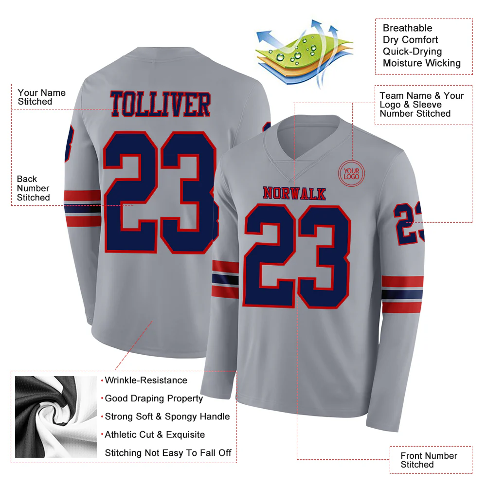 Custom Gray Navy-Red Long Sleeve Authentic Football Jersey - Image 2