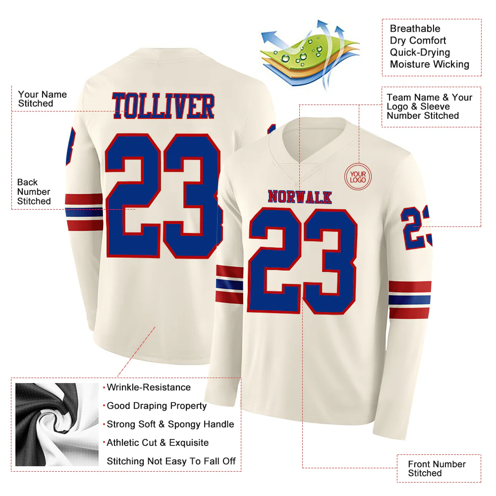 Custom Cream Royal-Red Long Sleeve Authentic Football Jersey - Image 2