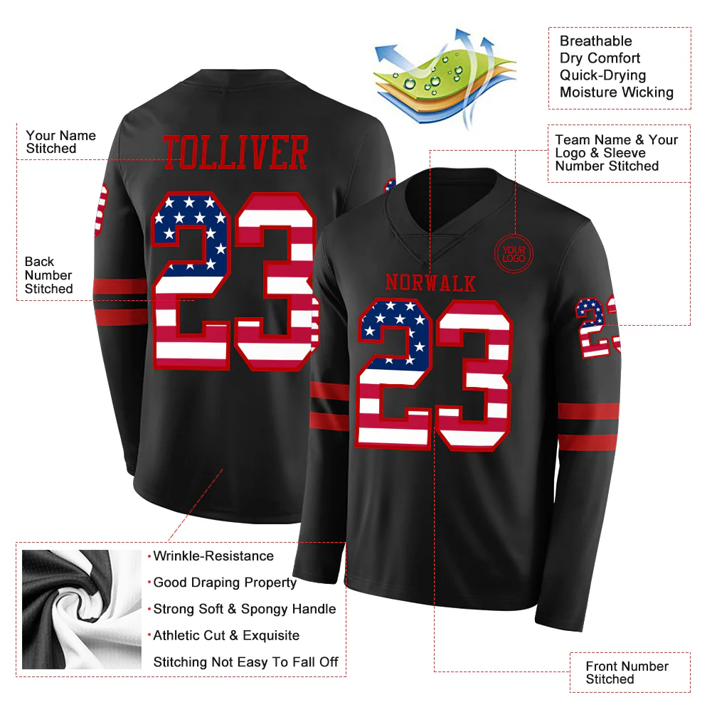 Custom Black USA Flag-Red Long Sleeve Authentic Football Jersey - Image 2