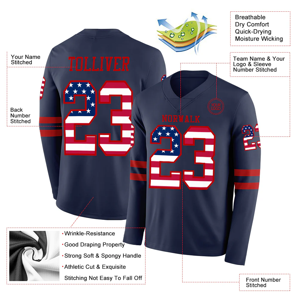 Custom Navy USA Flag-Red Long Sleeve Authentic Football Jersey - Image 2