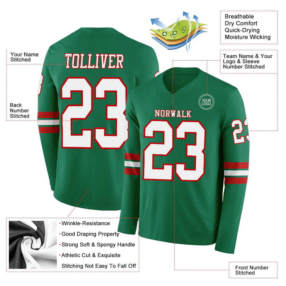 Custom Kelly Green White-Red Long Sleeve Authentic Football Jersey - Image 2