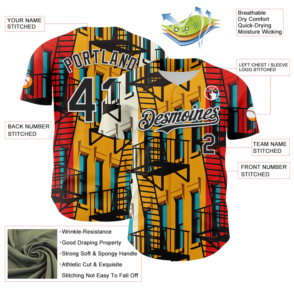 Custom Gold Black Red-White 3D Nikita Fraser Staircase Ny Authentic Baseball Jersey - Image 3