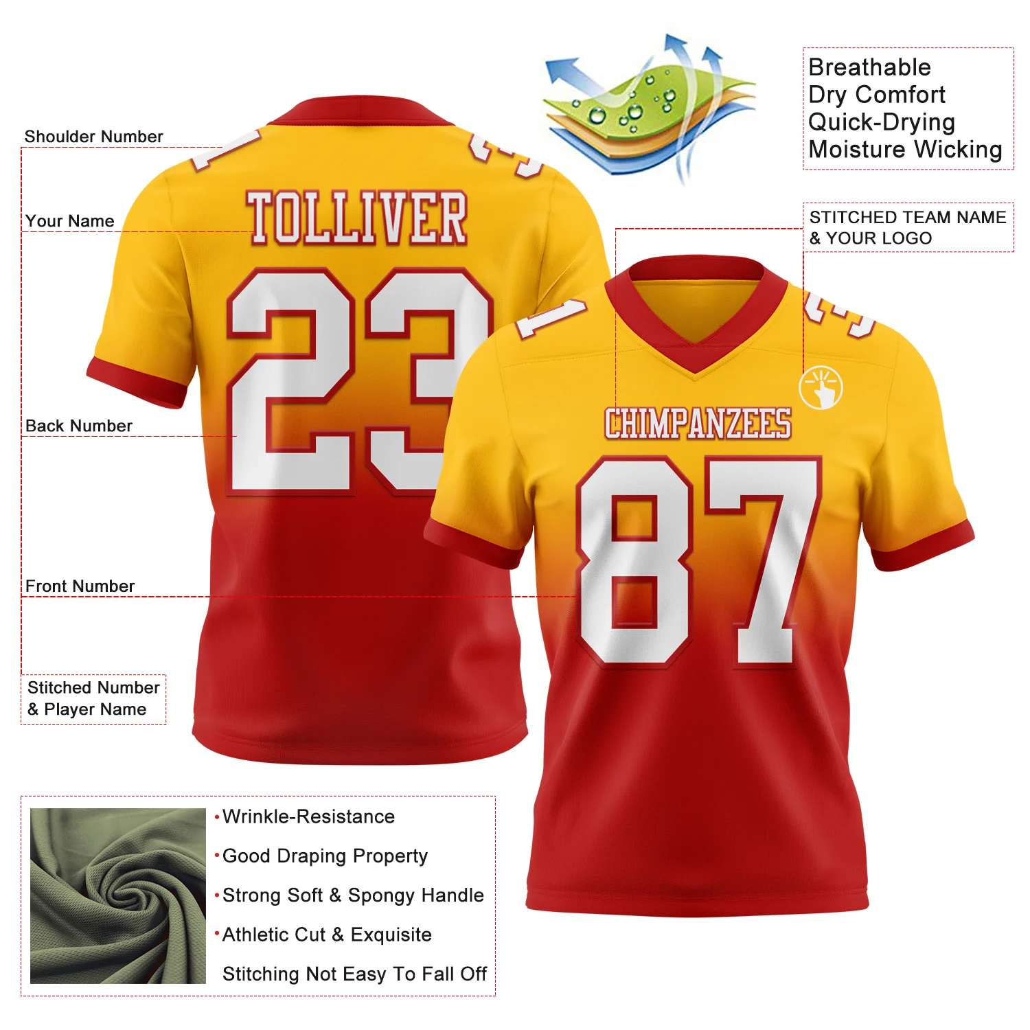 Custom Gold White-Red Authentic Fade Fashion Football Jersey - Image 2