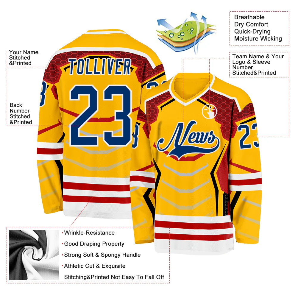 Custom Gold US Navy Blue Red-White 3D Pattern Cyber Mecha E-sport Hockey Jersey - Image 3