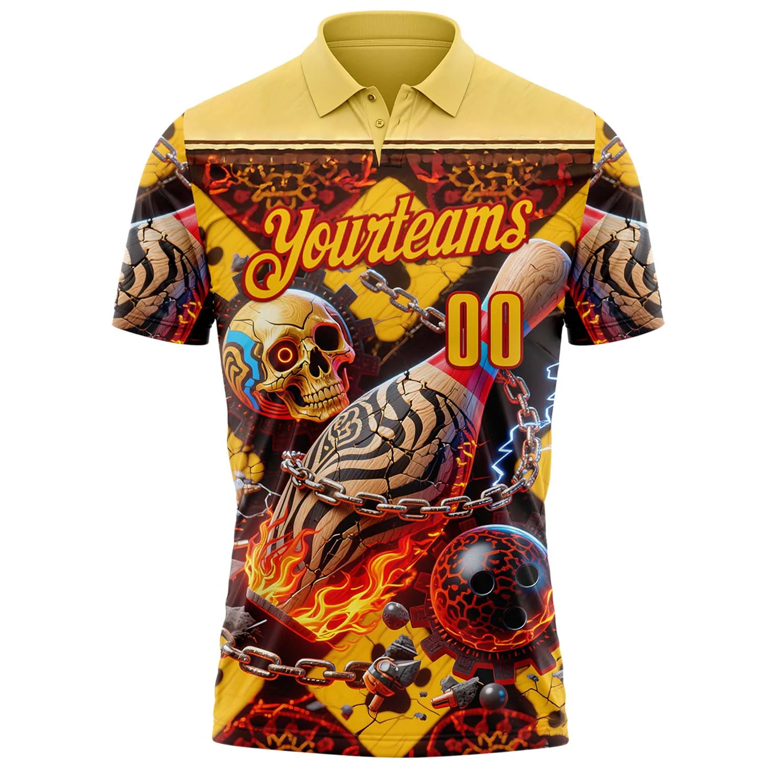 Custom Gold Yellow-Red 3D Flame Skull Bowling Performance Polo Shirt - Image 2