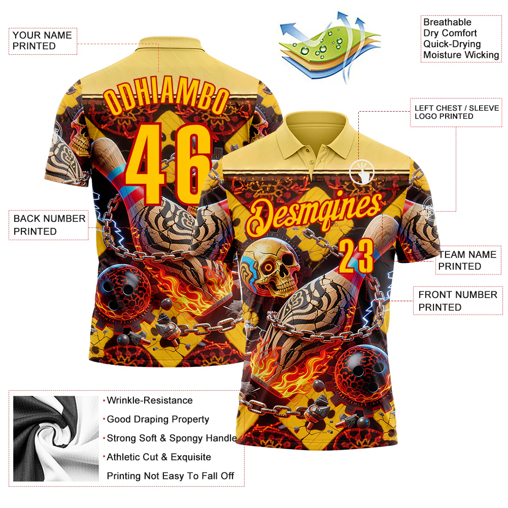 Custom Gold Yellow-Red 3D Flame Skull Bowling Performance Polo Shirt - Image 3