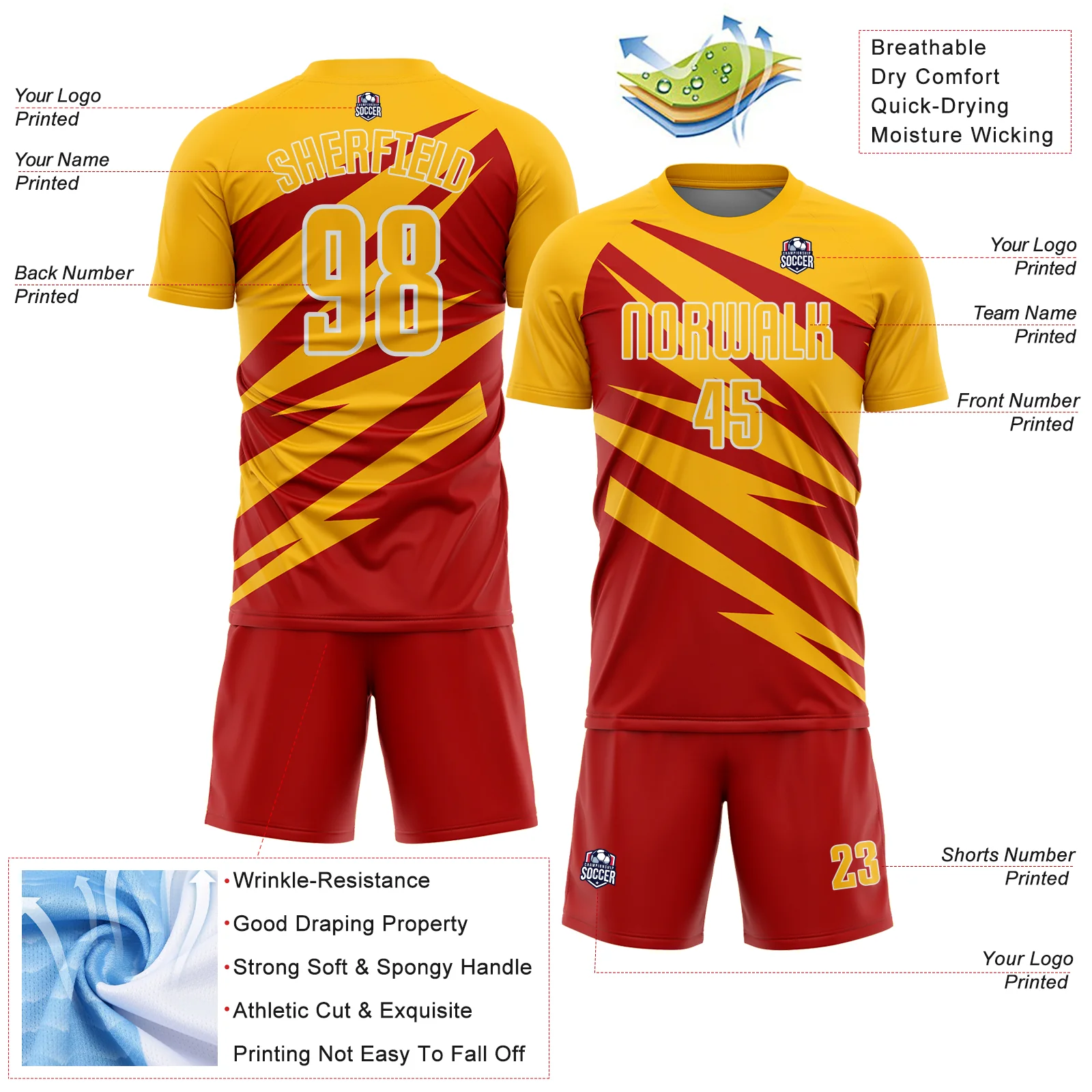 Custom Gold Red-White Abstract Line Sports Sublimation Soccer Uniform Jersey - Image 4