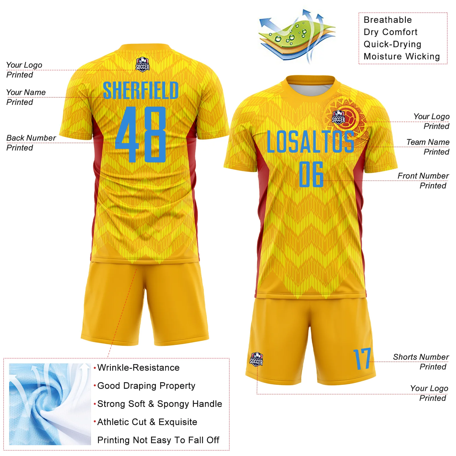 Custom Gold Powder Blue Red-Light Yellow Colombia Zigzag Pattern Sublimation Soccer Uniform Jersey - Image 4