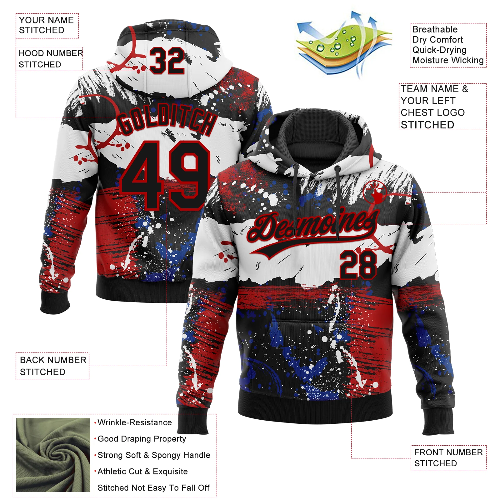 Custom Stitched Graffiti Pattern Black-Red Abstract Splatter Sports Pullover Sweatshirt Hoodie - Image 4