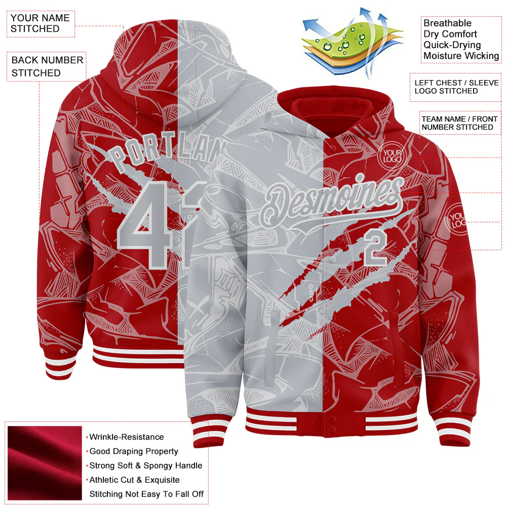 Custom Graffiti Pattern Gray Red-White Scratch Bomber Full-Snap Varsity Letterman Hoodie Jacket - Image 4