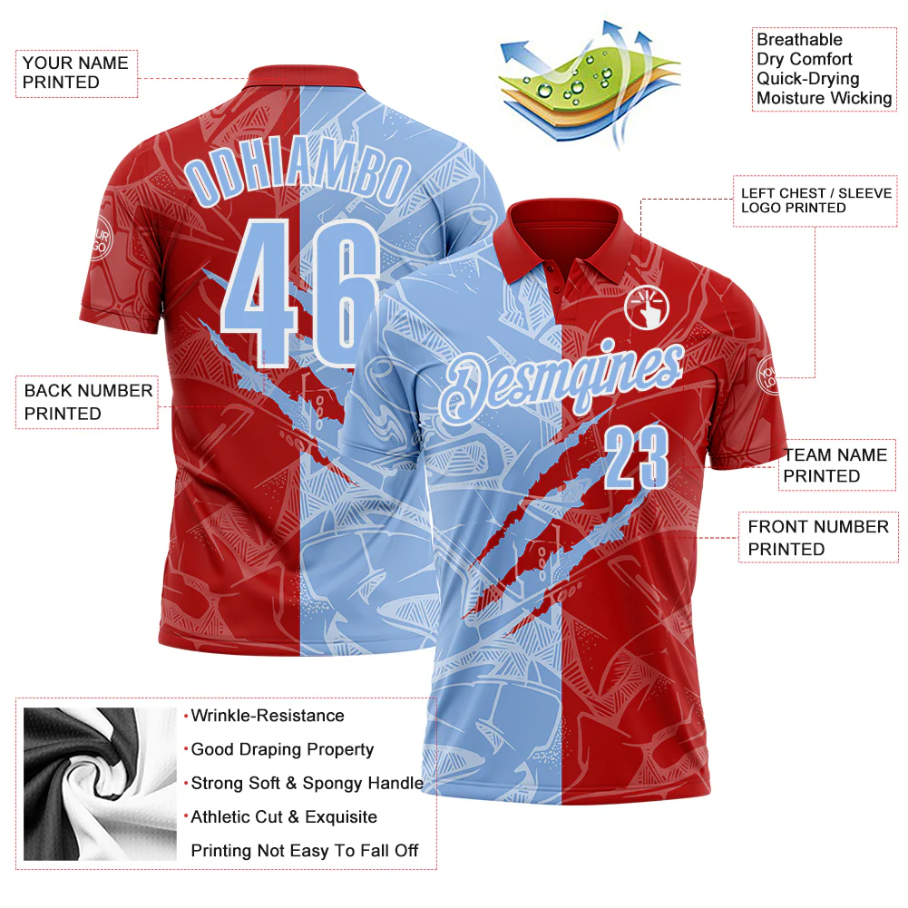 Custom Graffiti Pattern Light Blue Red-White 3D Scratch Performance Polo Shirt - Image 3