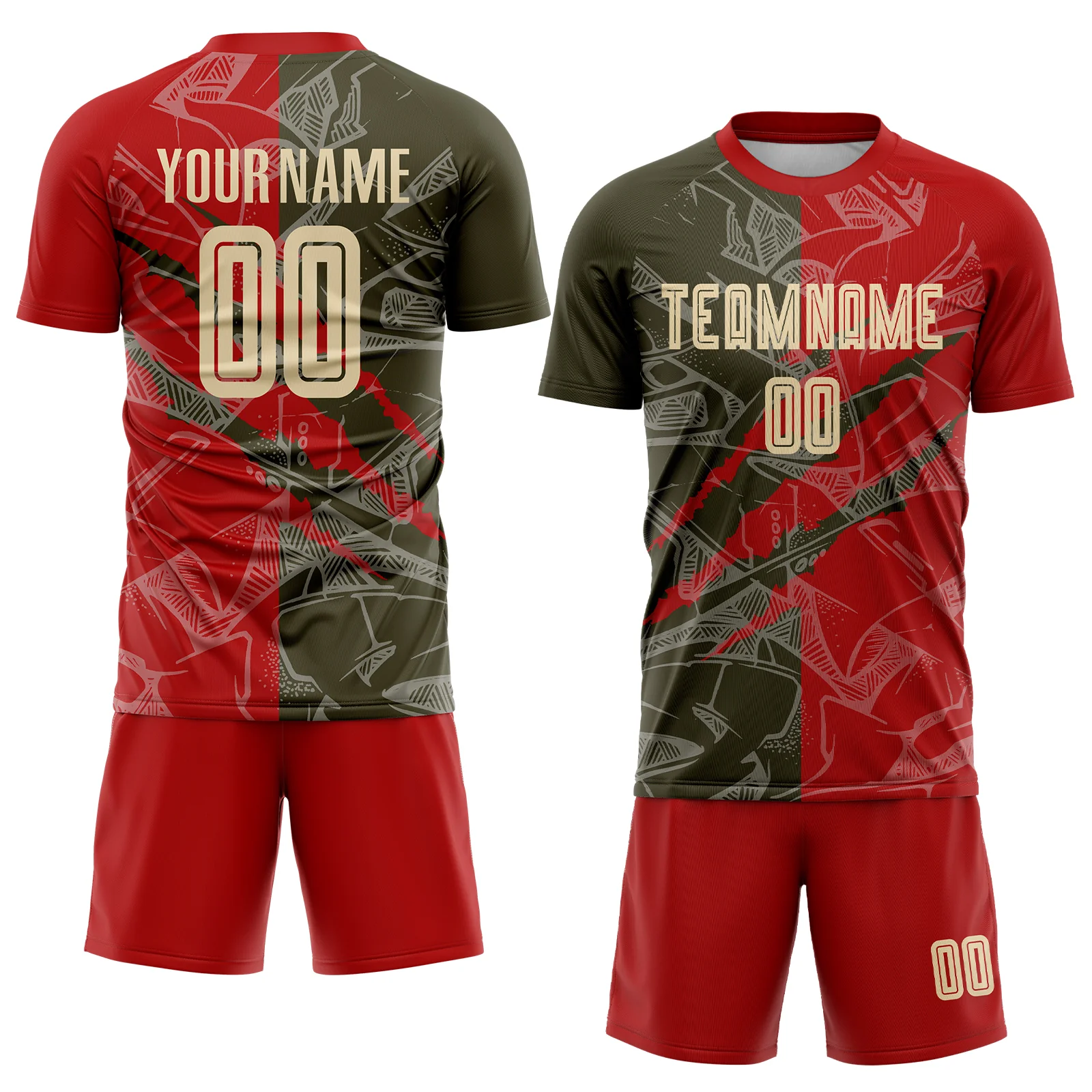 Custom Graffiti Pattern City Cream Red-Olive Scratch Sublimation Soccer Uniform Jersey - Image 2