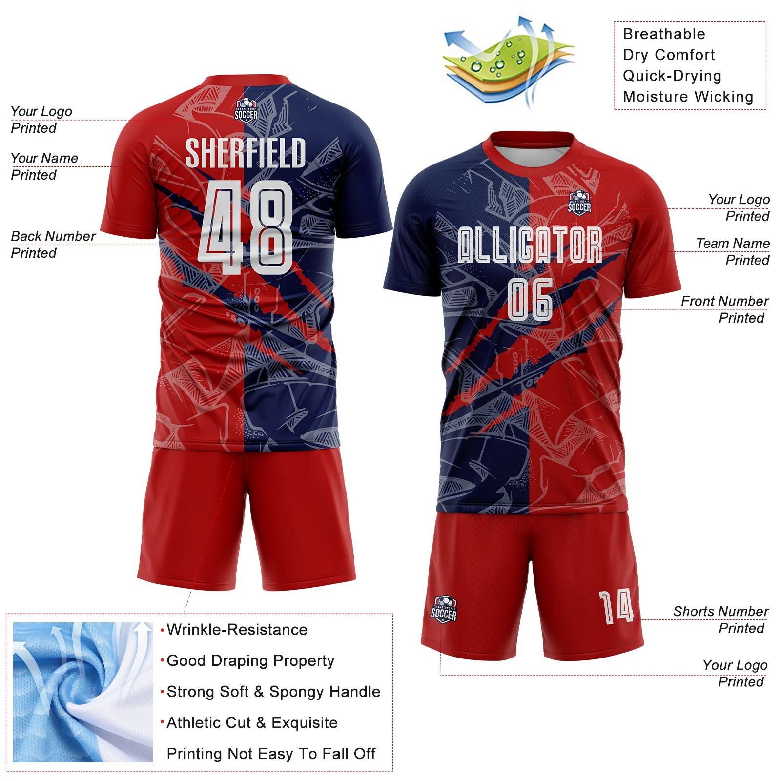 Custom Graffiti Pattern Red-Navy USA Scratch Sublimation Soccer Uniform Jersey - Image 4