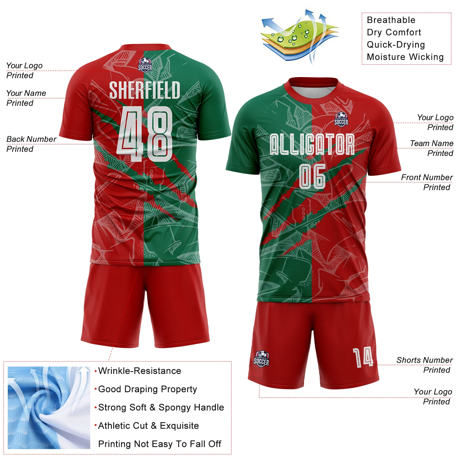 Custom Graffiti Pattern Red-Kelly Green Scratch Sublimation Soccer Uniform Jersey - Image 4
