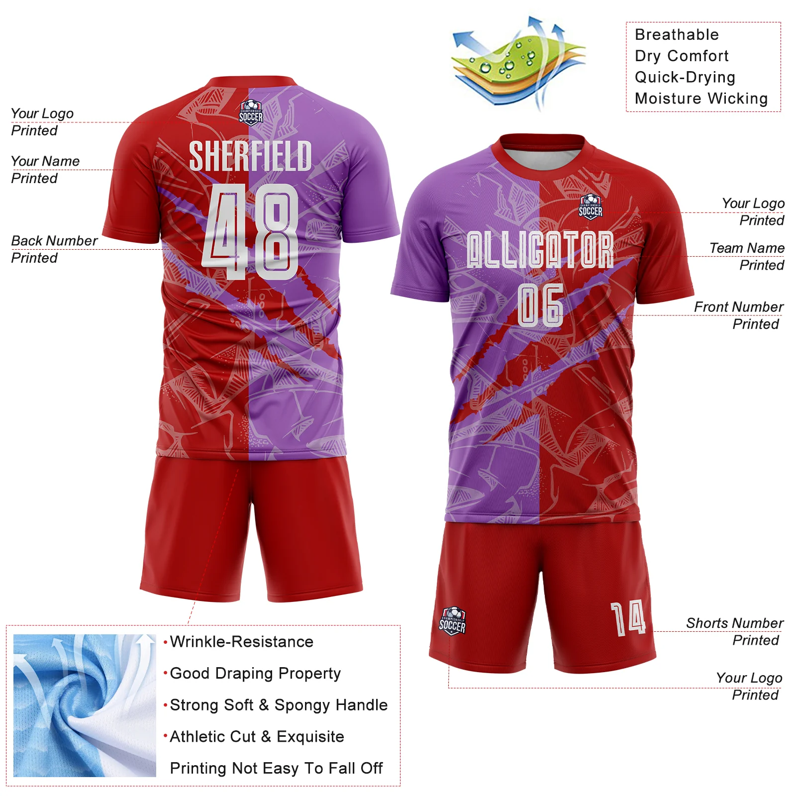 Custom Graffiti Pattern Red-Medium Purple Scratch Sublimation Soccer Uniform Jersey - Image 4