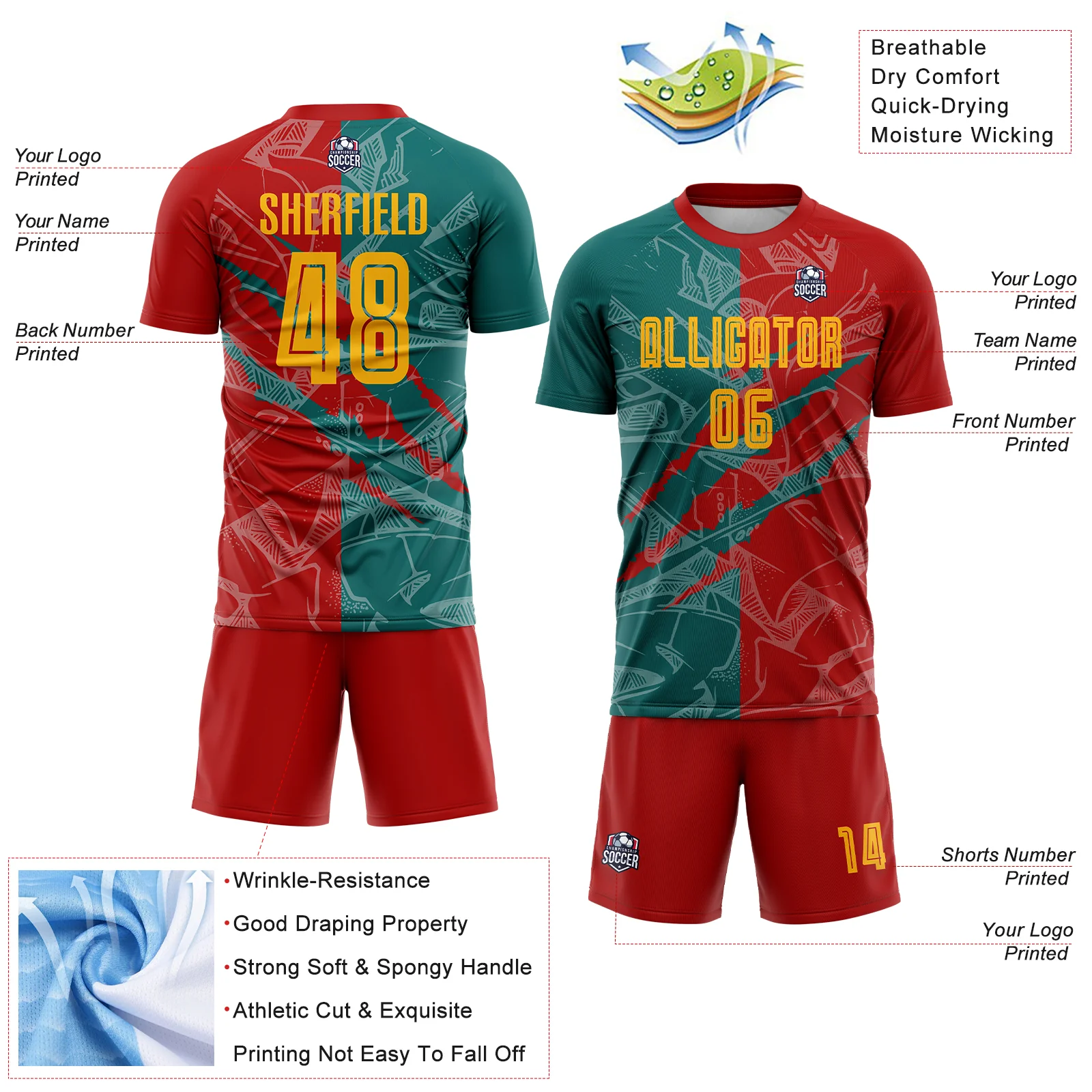 Custom Graffiti Pattern Yellow Red-Teal Scratch Sublimation Soccer Uniform Jersey - Image 4