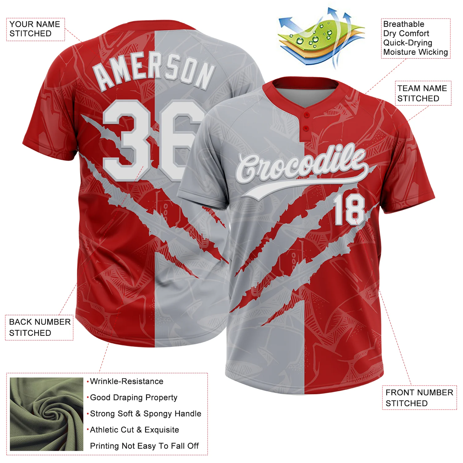 Custom Graffiti Pattern White Red-Gray 3D Scratch Two-Button Unisex Softball Jersey - Image 3