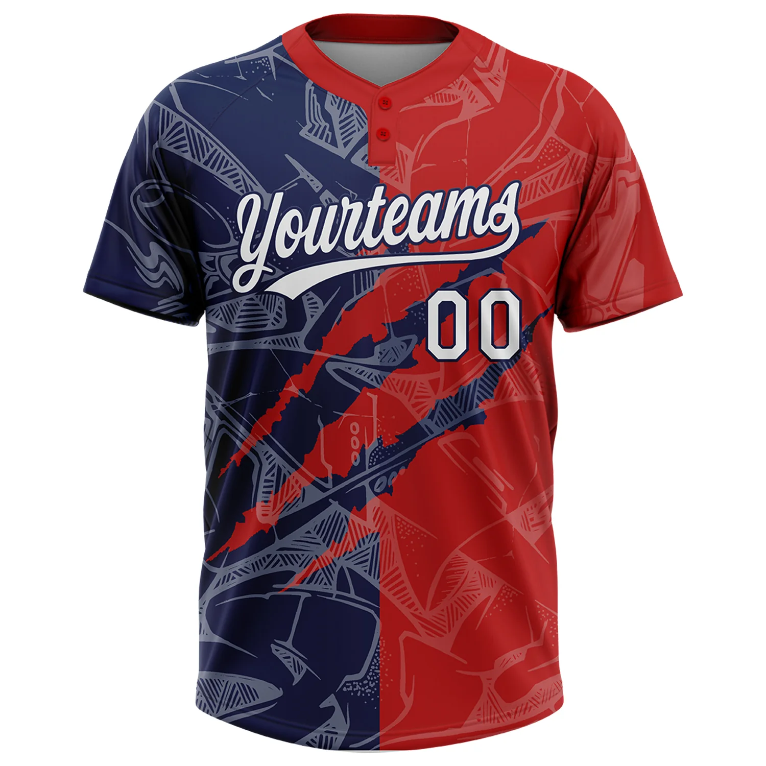 Custom Graffiti Pattern White Red-Navy 3D Scratch Two-Button Unisex Softball Jersey - Image 2