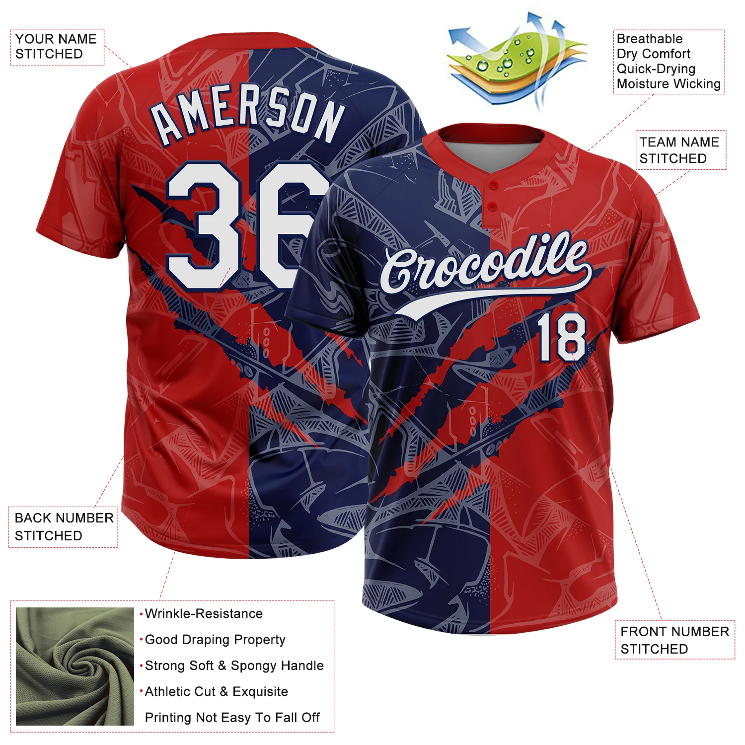 Custom Graffiti Pattern White Red-Navy 3D Scratch Two-Button Unisex Softball Jersey - Image 3