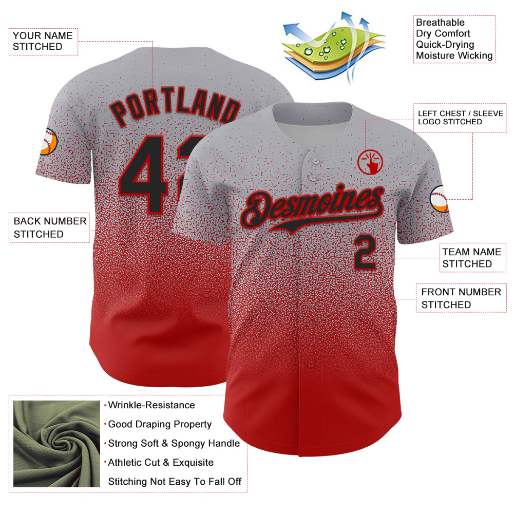 Custom Gray Black-Red Fade Fashion Speckle Authentic Baseball Jersey - Image 3