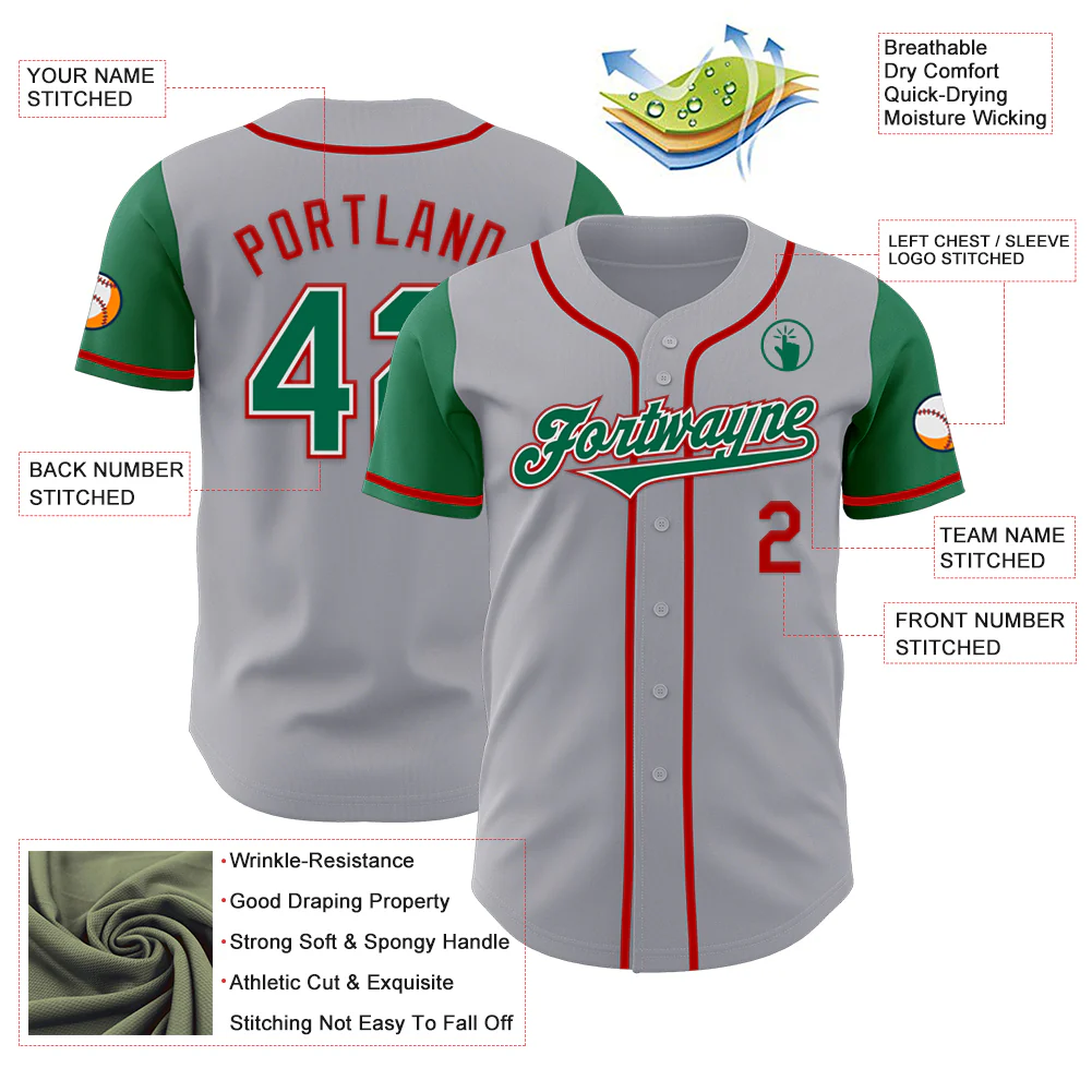 Custom Gray Kelly Green-Red Authentic Two Tone Baseball Jersey - Image 3