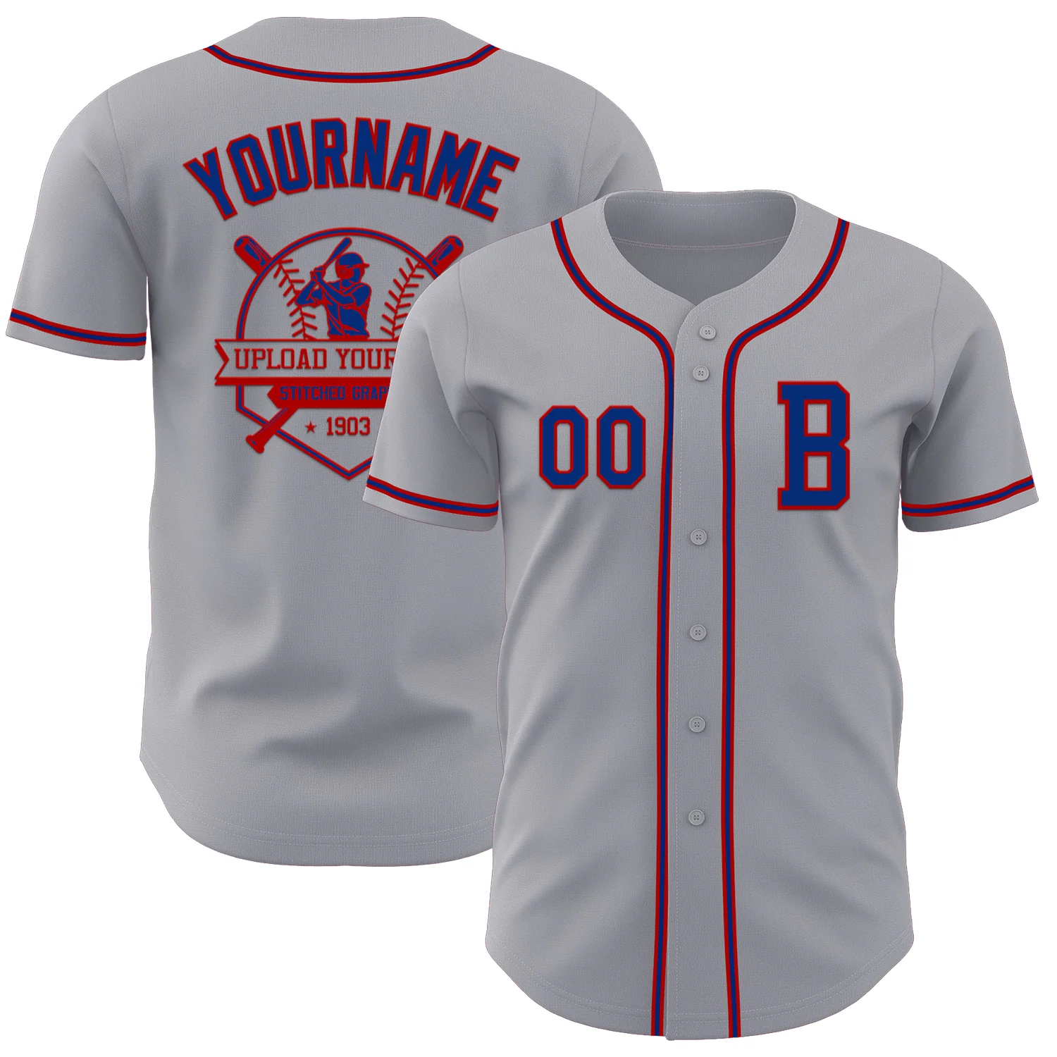 Custom Gray Royal-Red Authentic Baseball Jersey - Image 5